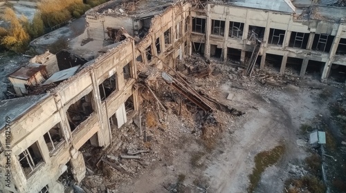 Ruins of a dilapidated factory showcasing devastation from economic decline and natural disasters in an industrial landscape photo