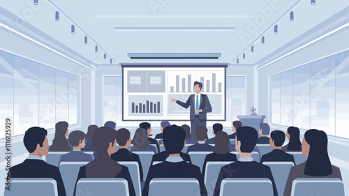 A businessperson giving a presentation to an audience in a modern conference room.