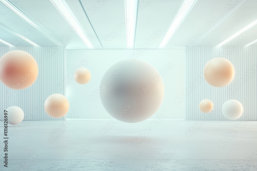 A serene, minimalist space features floating spheres, creating a futuristic and ethereal atmosphere with soft lighting and a clean aesthetic. A serene, minimalist space features floating spheres, creating a futuristic and ethereal atmosphere with soft lighting and a clean aesthetic.