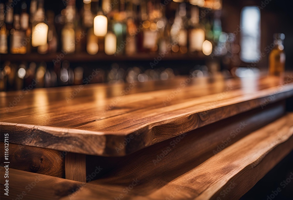 Rustic wooden bar countertop crafted with natural materials, complemented by a warm ambient background featuring beautifully blurred bottles for elegance. Rustic wooden bar countertop crafted with natural materials, complemented by a warm ambient background featuring beautifully blurred bottles for elegance.
