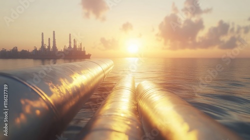 Natural gas and crude oil pipeline installation at sunset for transport of fuel to households and businesses in an industrial setting.
