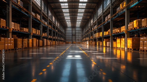 Vast warehouse interior with stacked boxes, illuminated by natural light.