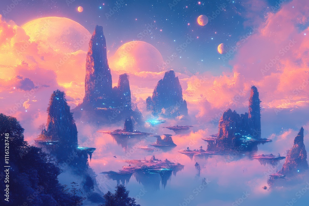 Naklejka premium Fantasy Landscape with Floating Islands, Purple Sky, and Glowing alien Planet background with vibrant color