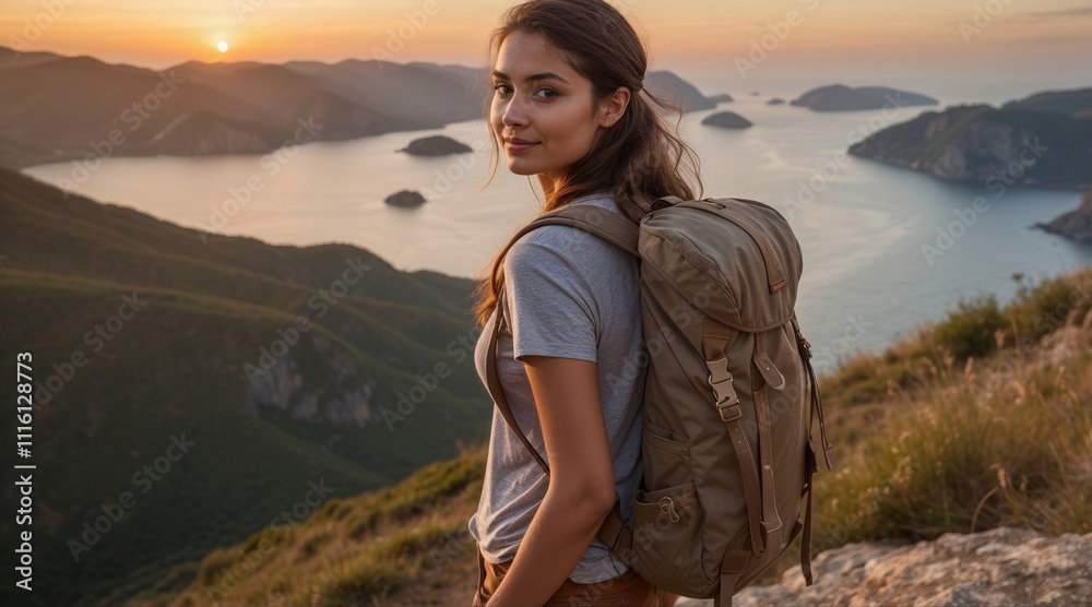 Fototapeta premium young woman with a backpack resting on a mountaintop