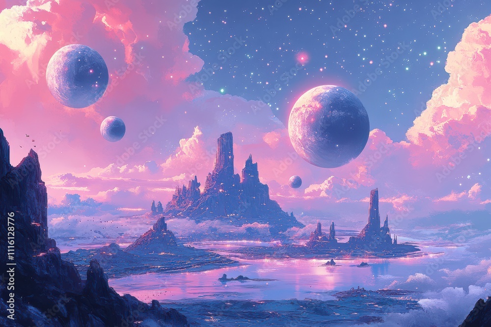Fototapeta premium Fantasy Landscape with Floating Islands, Purple Sky, and Glowing alien Planet background with vibrant color