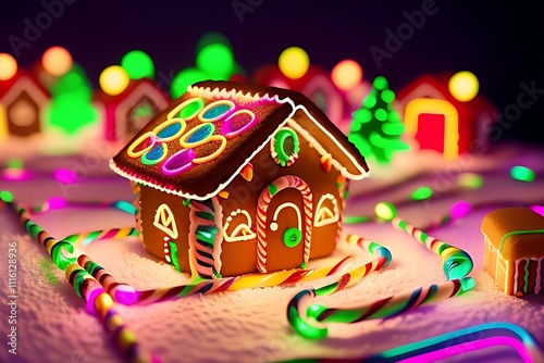 A festive neon gingerbread house outlined in colorful glowing lines, surrounded by neon candy canes, gumdrops, and a glowing path.