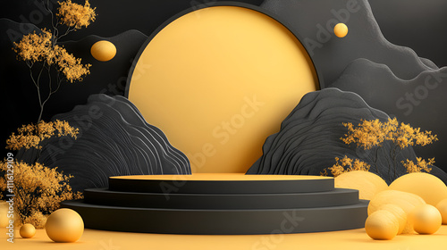 3d products podium with landscape neon background, Surreal scene ,arch with a podium in natural light, Abstract scene with round podium, sky and clouds,3d render
