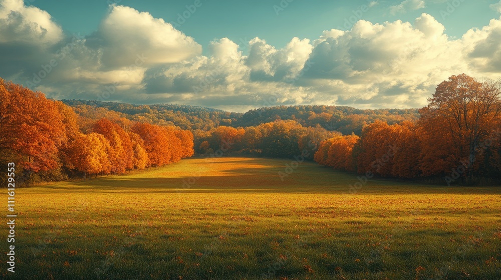 Fototapeta premium Autumn landscape with vibrant trees and a stunning sky showcasing a retro vintage aesthetic in a serene green field.