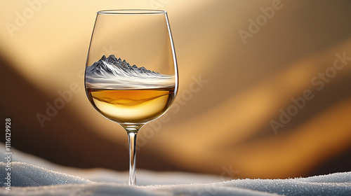 a glass of whiskey with a mountainous landscape reflecting in the liquid, set against a blurred background of a sunset or sunrise. photo