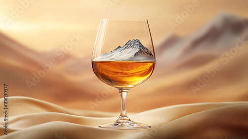 a glass of whiskey with a mountainous landscape reflecting in the liquid, set against a blurred background of a sunset or sunrise. photo