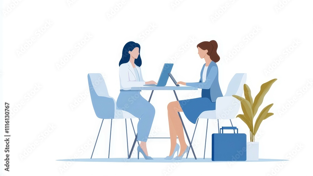 insurance premium travel concept, Two women engage in a professional discussion at a modern table, working on laptops in a bright, minimalist office environment. insurance premium travel concept, Two women engage in a professional discussion at a modern table, working on laptops in a bright, minimalist office environment.