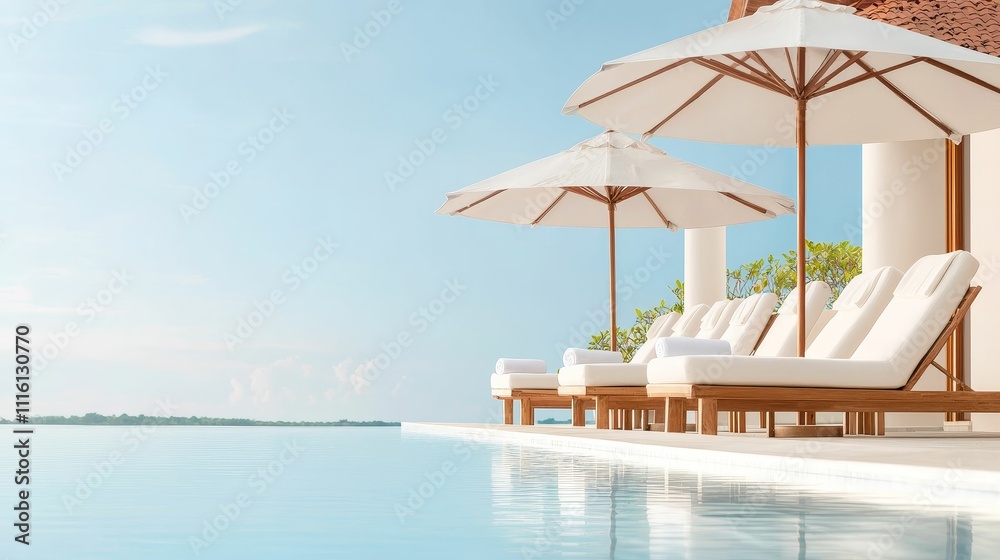 Obraz premium insurance premium travel concept, A tranquil poolside scene featuring elegant lounge chairs and umbrellas under a clear blue sky, perfect for relaxation and leisure.