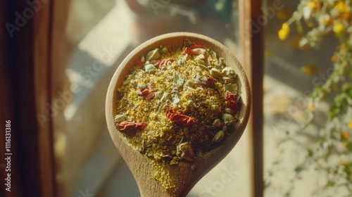 Spoonful of vibrant spices atop a wooden spoon with natural sunlight highlighting their textures and colors photo