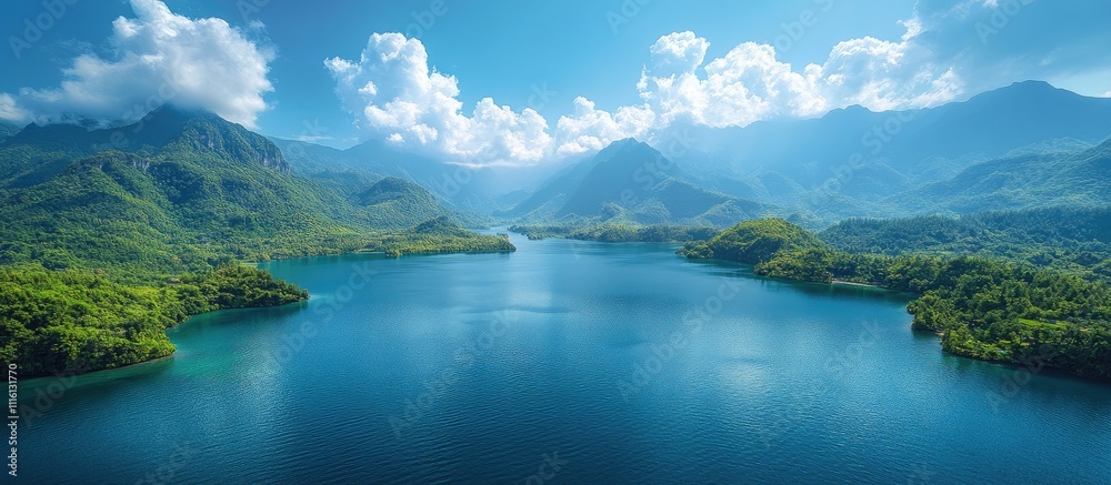 Obraz premium Aerial view of a tranquil blue lake surrounded by lush green mountains under a sunny sky with fluffy white clouds.
