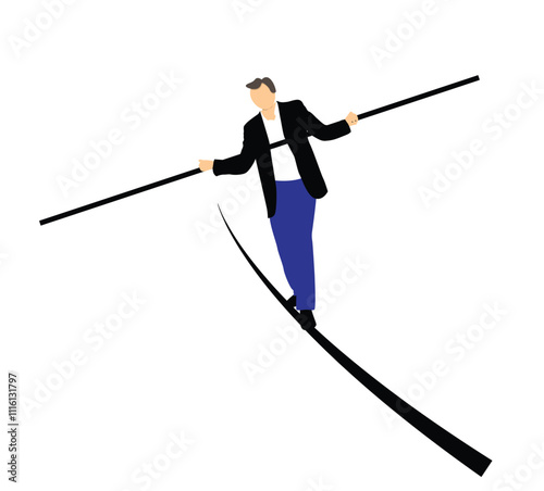 Business Man Walking on the Rope with a Pole. Office workers and company management concept vector art