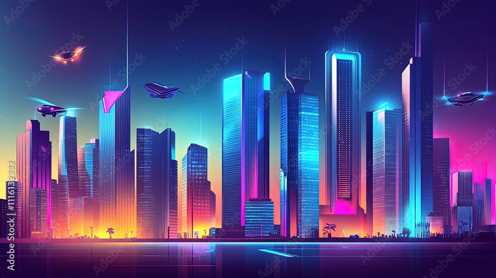Fototapeta premium Futuristic cityscape at night with flying vehicles.