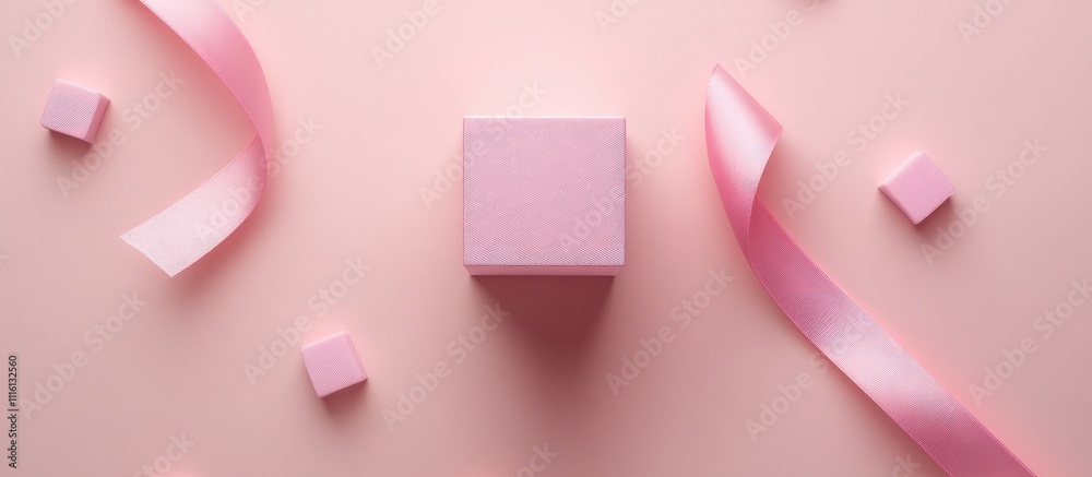 Elegant pink cube gift surrounded by ribbons and small cubes on a soft polka dot background for festive celebrations and special occasions. Elegant pink cube gift surrounded by ribbons and small cubes on a soft polka dot background for festive celebrations and special occasions.