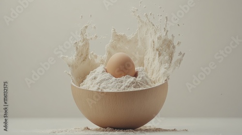 Bowl of flour with whole egg surrounded by splashes of flour, set against a soft white background, culinary, baking preparation, ingredients, food photography. photo