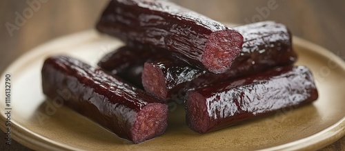 Savory Sai Oua Northern Thai sausages stacked on a wooden plate showcasing vibrant crimson hues and rich textures photo