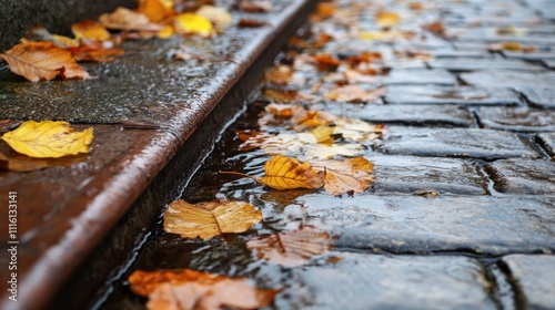 Wallpaper Mural Rusted metal rain gutter alongside stone pavement with autumn leaves in puddles reflecting seasonal changes Torontodigital.ca