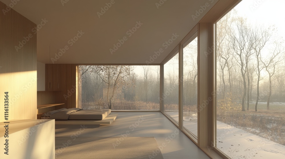 Obraz premium Tranquil Modern Interior with Panoramic Forest View