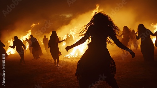 A high-contrast frame of a bonfire lighting up a beach during a midsummer festival, with silhouettes of revelers dancing. photo