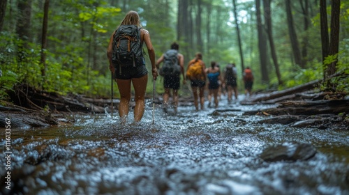 Hikers Trekking Through a Lush Forest Stream