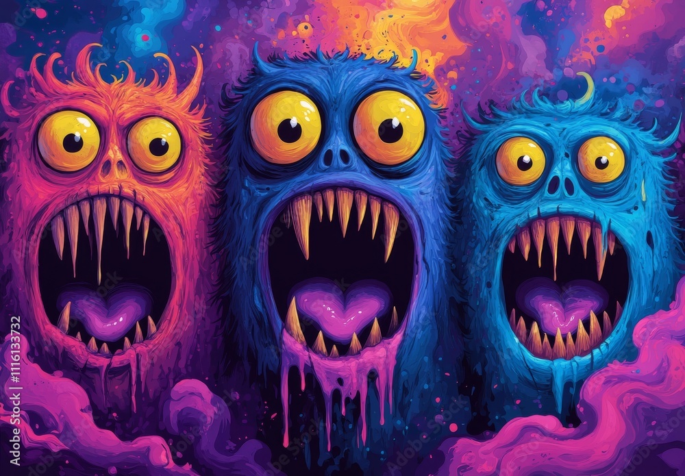 Three monsters roaring vibrant psychedelic backdrop. Three monsters roaring vibrant psychedelic backdrop.