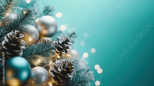 New Year and Christmas festive decoration on turquoise background with space for text photo