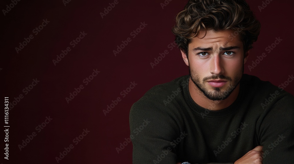 Obraz premium Intense Gaze of a Handsome Man with Curly Hair in a Dark Green Sweater Against a Maroon Background Studio Portrait Photography