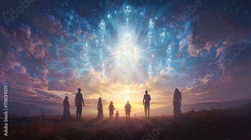 A family constellation forming in the sky above a peaceful landscape, with each figure radiating light and casting a protective aura over the land. 