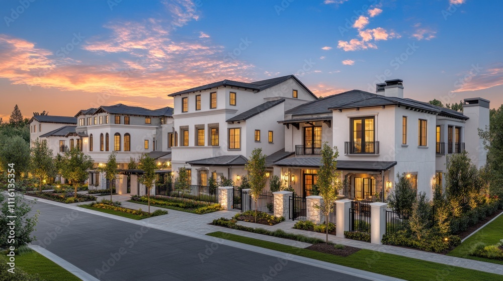Fototapeta premium Elegant Townhouses at Sunset Glimmering Lights