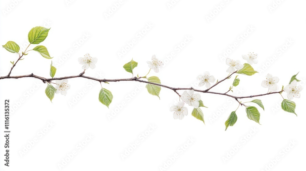 Obraz premium Blossoming linden twig featuring delicate white flowers and vibrant green leaves, isolated on a clean white background, botanical, floral design, nature, spring.