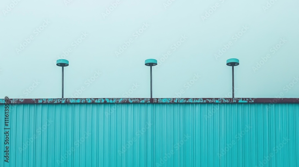 Naklejka premium Installation of modern light fixtures on a teal steel roof in a minimalistic industrial setting