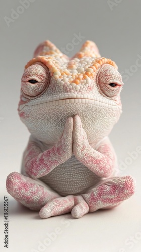 A pink and white chameleon sits in a meditative pose with its hands together, exuding calmness, AI photo