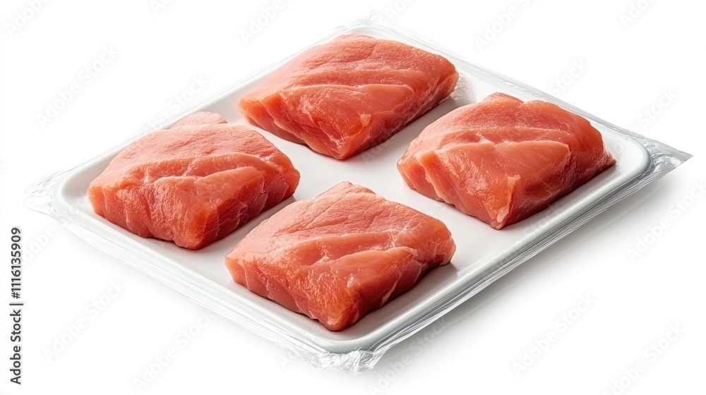 Fresh raw meat portions in transparent packaging on a white background for food preservation and storage solutions Fresh raw meat portions in transparent packaging on a white background for food preservation and storage solutions