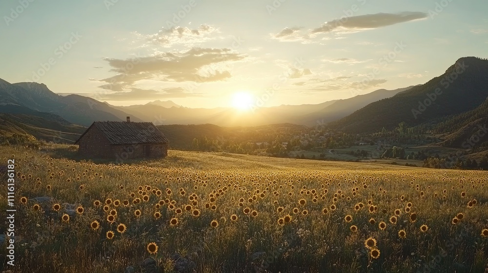 Fototapeta premium Sunset over blooming sunflower field with rustic farmhouse in serene mountain landscape