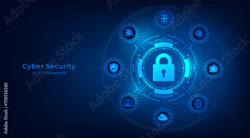 Concept of cybersecurity and network protection. Padlock with data icon on frames HUD futuristic style on a dark blue background. Secure technology. Vector illustration.