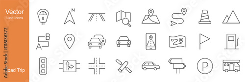 Road Trip Icons - Vector Line. Editable Stroke.