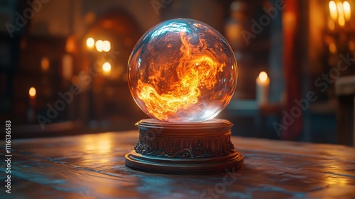 A glowing crystal ball hovers atop an elaborately carved wood stand, casting mystical light and magic in a dim room with flickering candlelight. photo