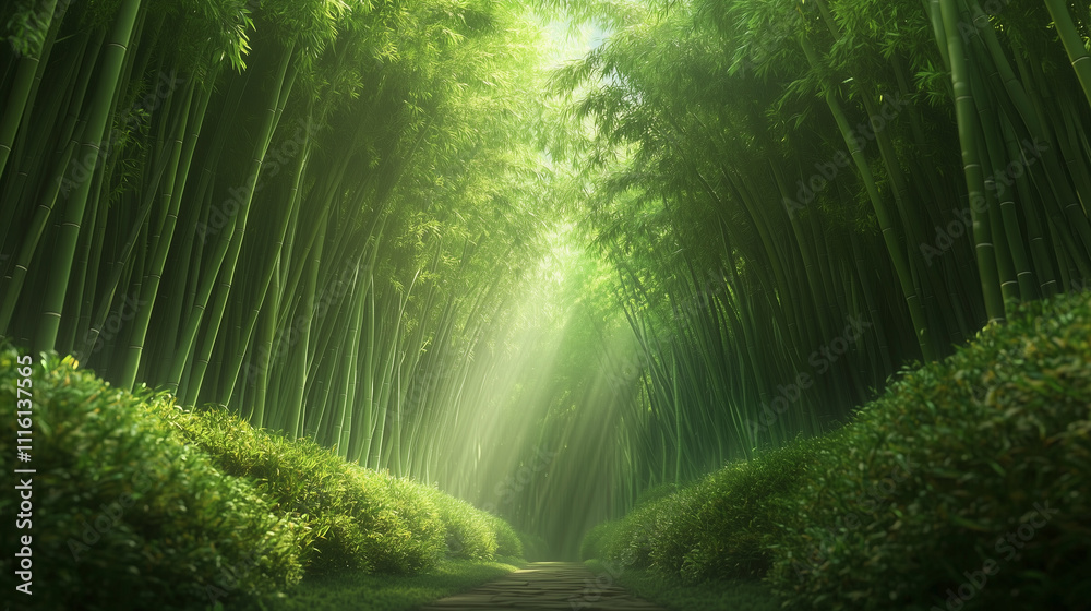 Obraz premium Peaceful Bamboo Pathway Illuminated by Sunlight
