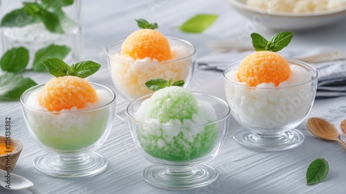 Colorful Ais Kacang dessert showcasing vibrant flavors and textures served in elegant glass bowls on a light wooden table photo