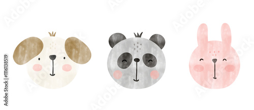 Watercolor collection eps vector panda bear, dog, pink bunny. Poster kids illustration design.