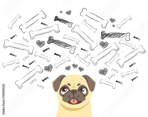 Cute whimsical fun character dog cartoon drawing with a background of hand-drawn pencil bones. Pet treats clip art element with sweet animal