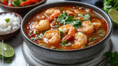 Spicy and Sour Tom Yum Goong Shrimp Soup with Fresh Herbs and Lime on White Wooden Tabletop with Side of Rice and Lime Wedges photo