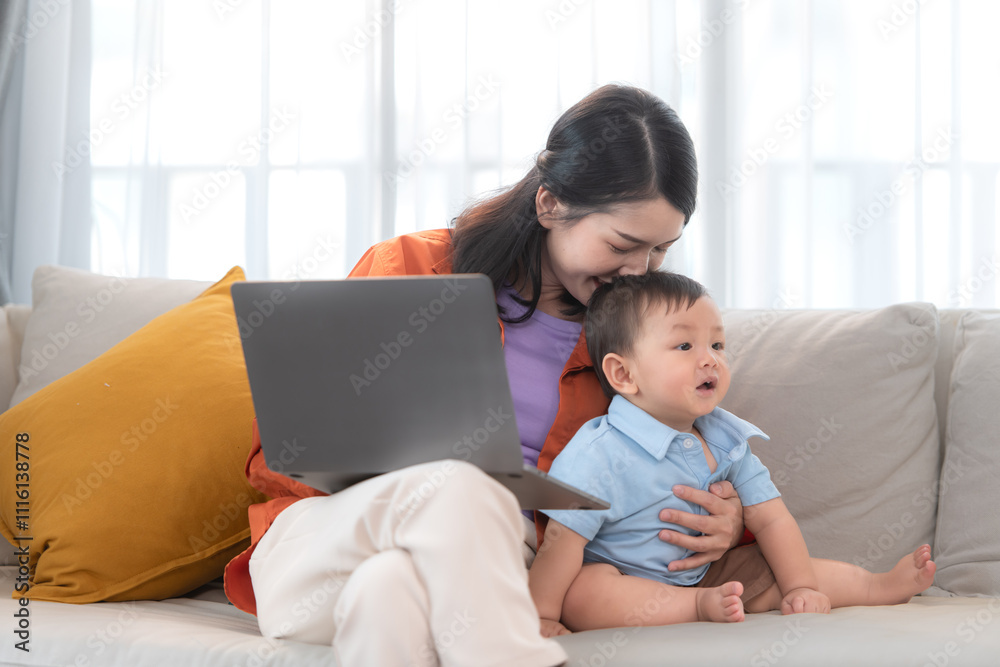 Mother and son play together after dad comes home from work Mother and son play together after dad comes home from work