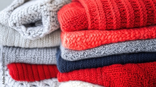 Close-up view of neatly stacked warm knitted sweatshirts in various colors, showcasing cozy textures ideal for clothing store advertising, fashion, warmth, textiles, promotional space. photo