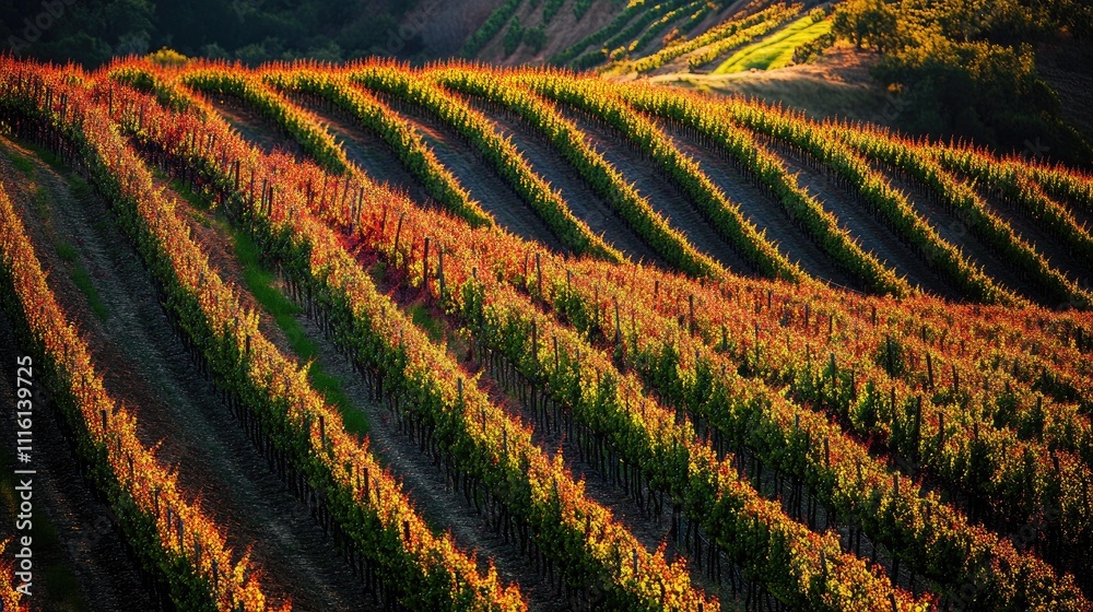 Fototapeta premium Vibrant vineyard landscape showcasing lush grapevines in summer light before harvest season with colorful foliage patterns.