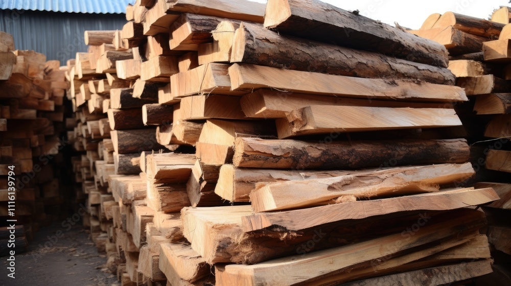 Stacked firewood logs for sale at timber yard ready for processing or construction projects Stacked firewood logs for sale at timber yard ready for processing or construction projects