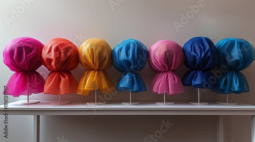 Neatly arranged hairnets multiple colors and sizes white display stand featuring breathable mesh and elasticized edges secure fit healthcare settings. photo